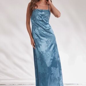 Lulus Whimsical Radiance Blue Satin Embroidered Maxi Dress - Size L